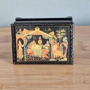 Hand-Painted Lacquered Trinket Box with Gold and Black Folk Scene, Russian VNT